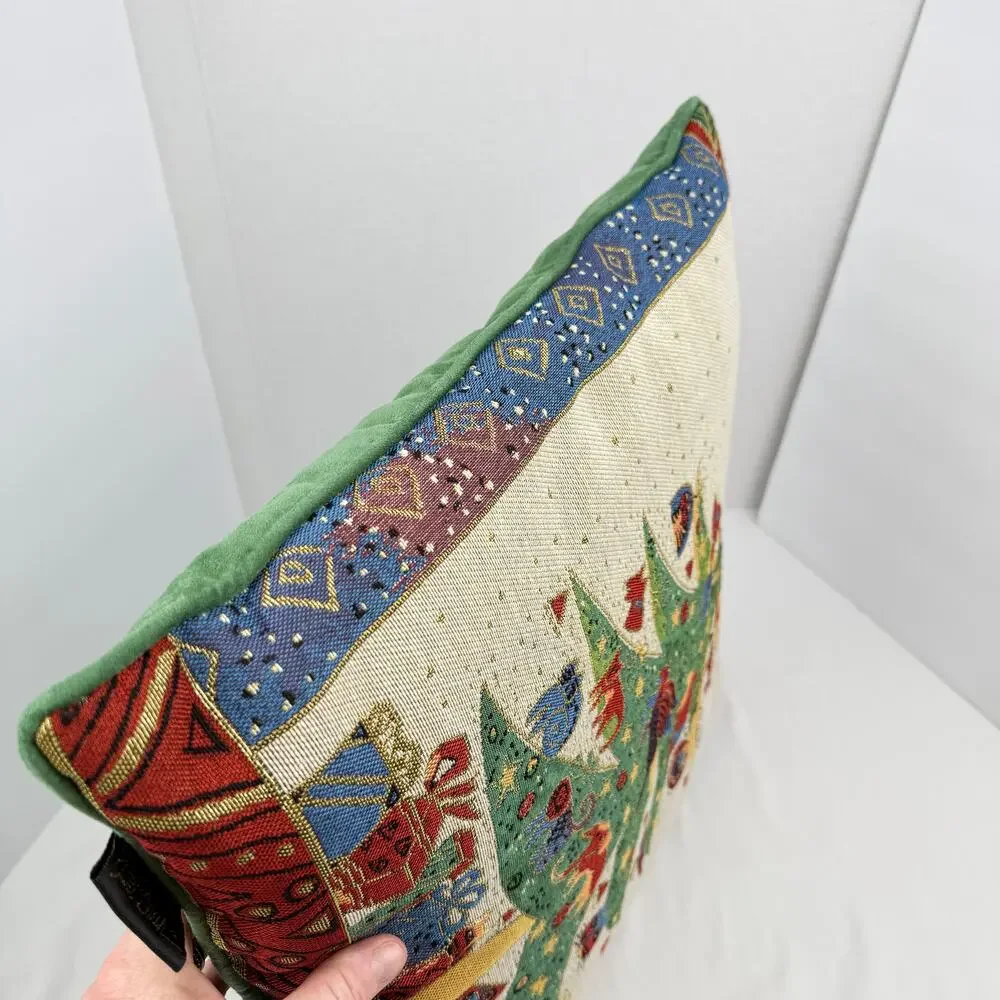 Vintage Laurel Burch Christmas Tree Tapestry Pillow Holiday Folk Art 18x18 90s